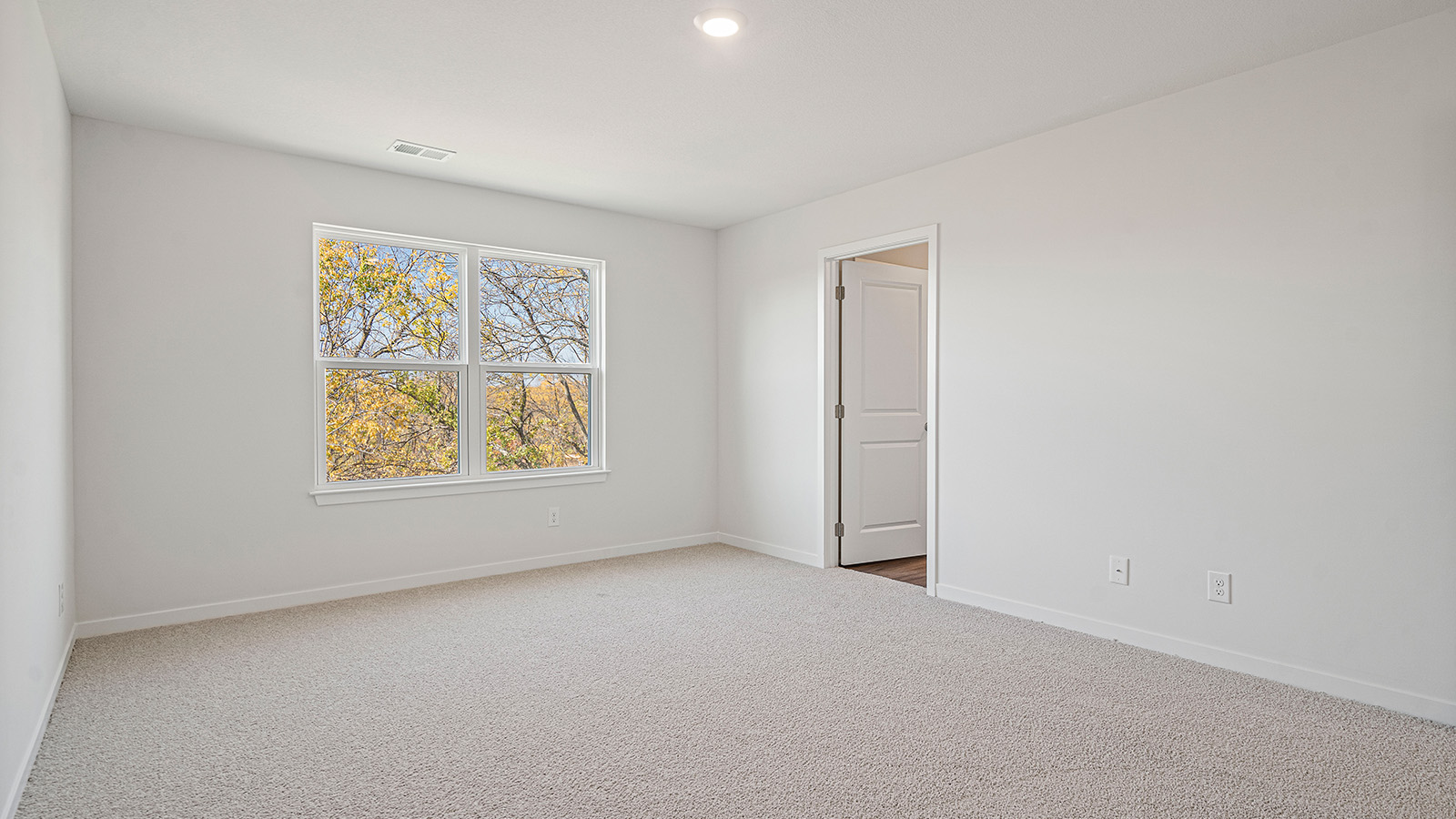 Carpeted primary bedroom with large window.