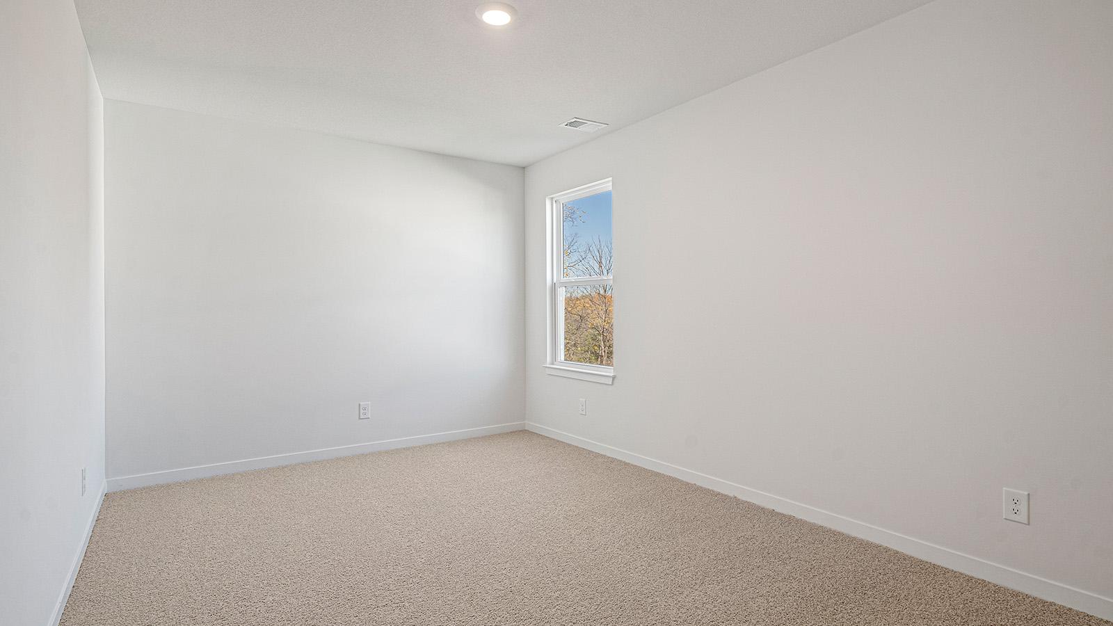 Carpeted bedroom with large window.