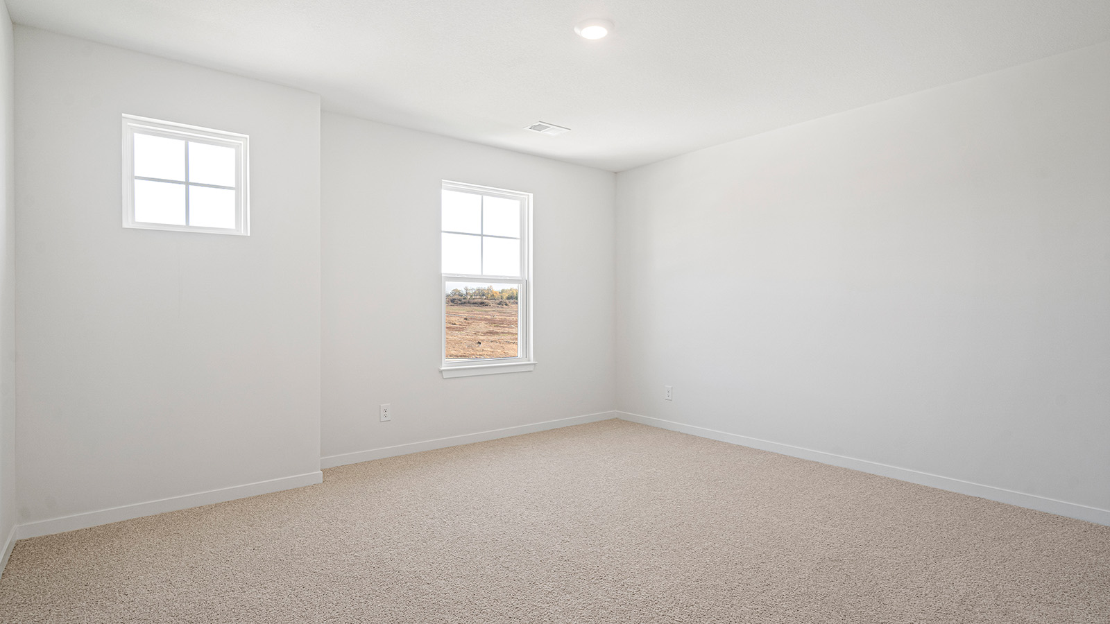 Carpeted bedroom with large window.