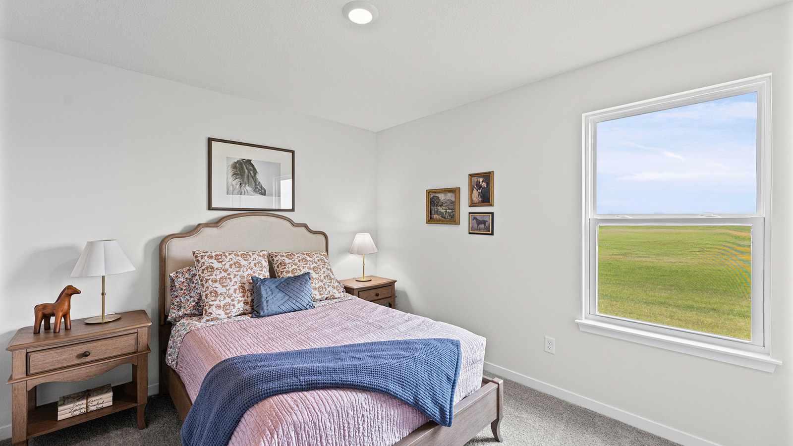 Carpeted bedroom with large windows