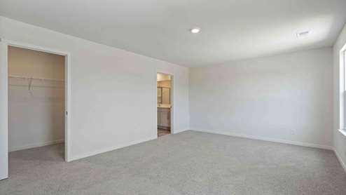 Primary bedroom with carpet, and two large windows