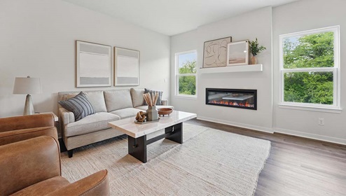 Living room with electric fireplace, and large windows