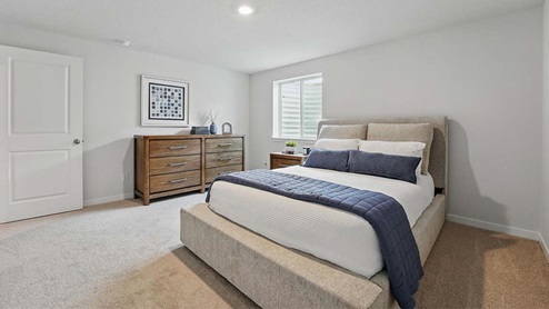 bedroom with beige carpet, grey walls and a window