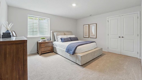 bedroom with beige carpet, grey walls and a window