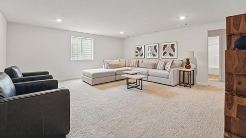 finished basement with beige carpet, grey walls and a window