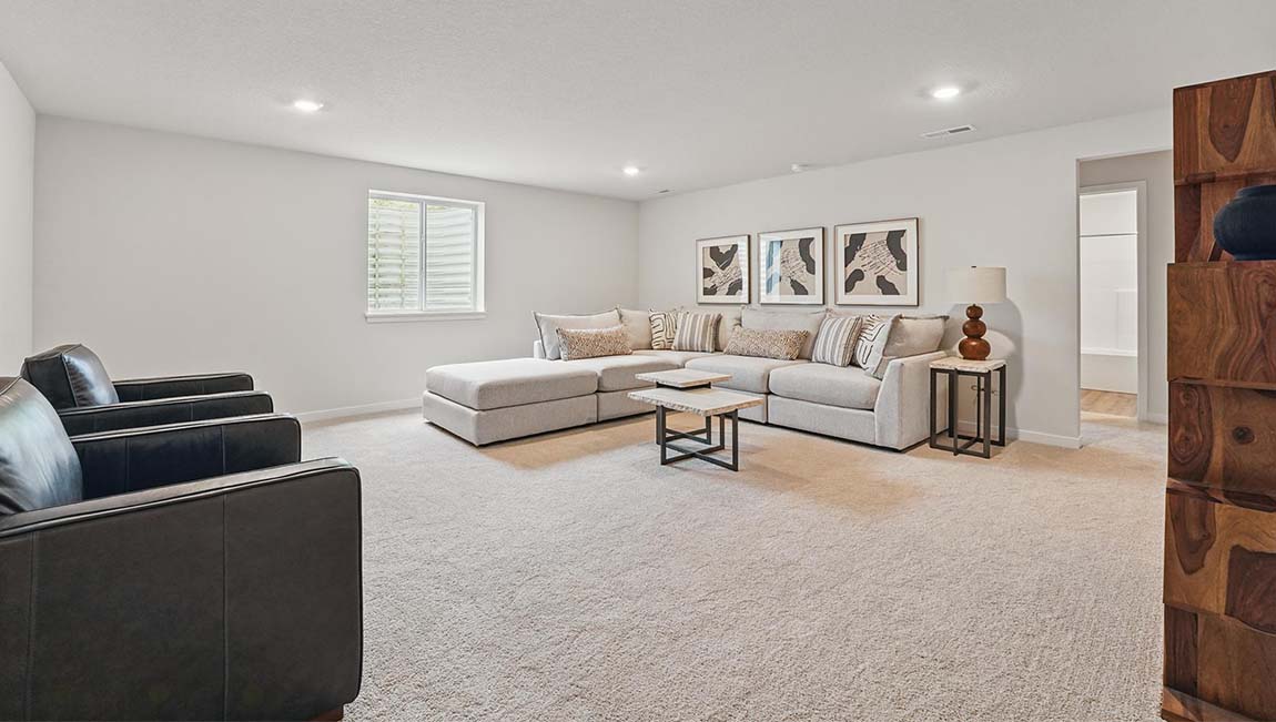 Carpeted basement flex area with large windows