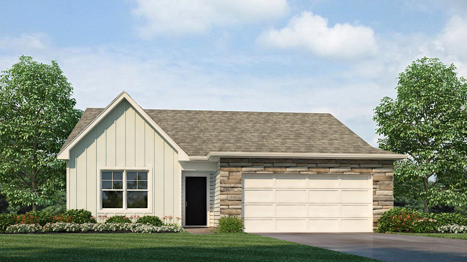 Front exterior of a home with a two car garage, blue and white siding and stone accents