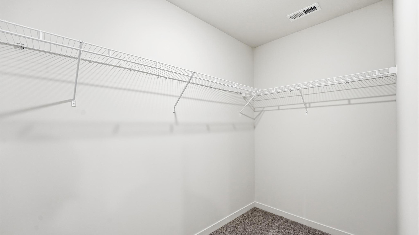 Carpeted primary walk in closet.