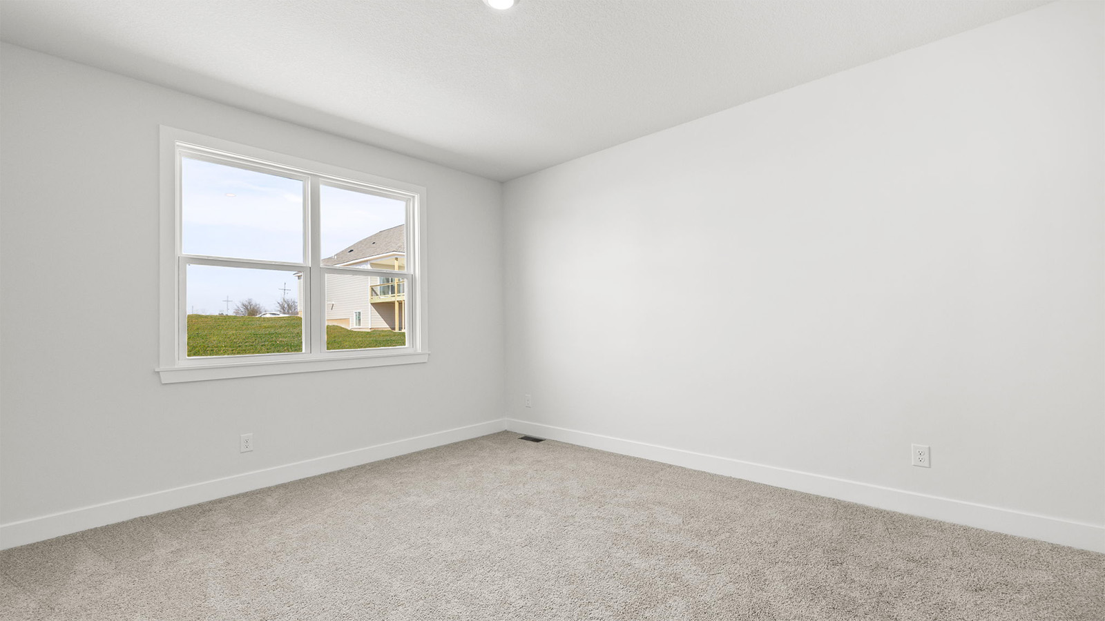 Primary bedroom with carpet, and two large windows