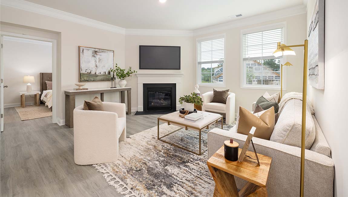 Arlington living room area with fireplace