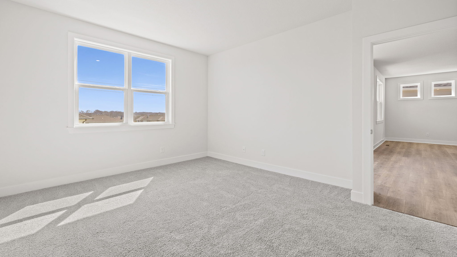 Primary bedroom with carpet, and two large windows