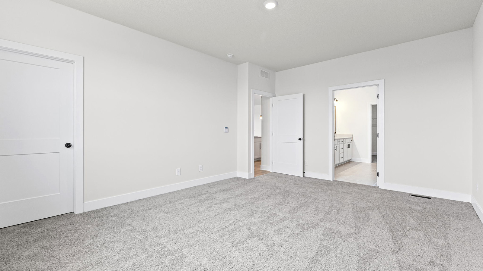 Primary bedroom with carpet, and two large windows