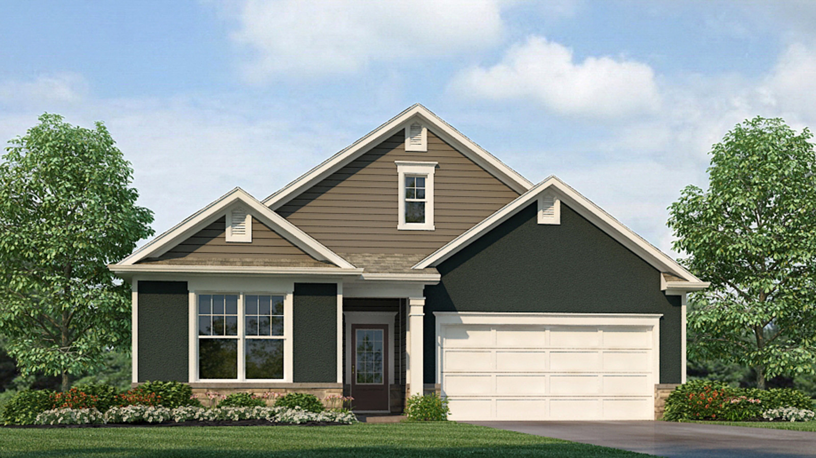 Clifton front exterior with grey siding and garage