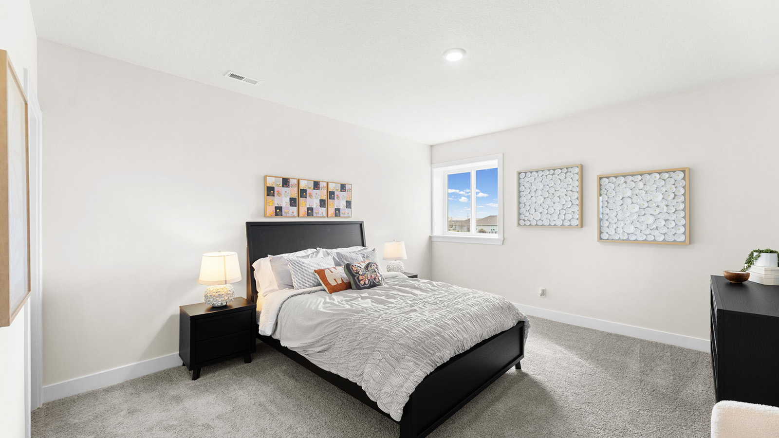 Carpeted bedroom with large window