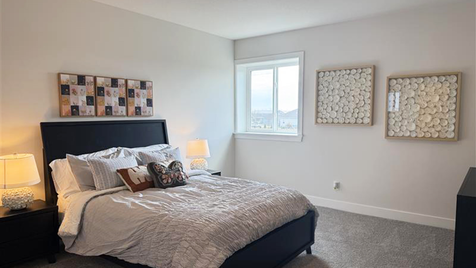 Carpeted basement bedroom with large windows and closet