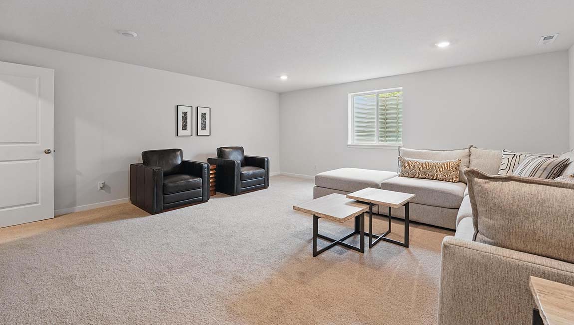 Carpeted basement flex area with large window
