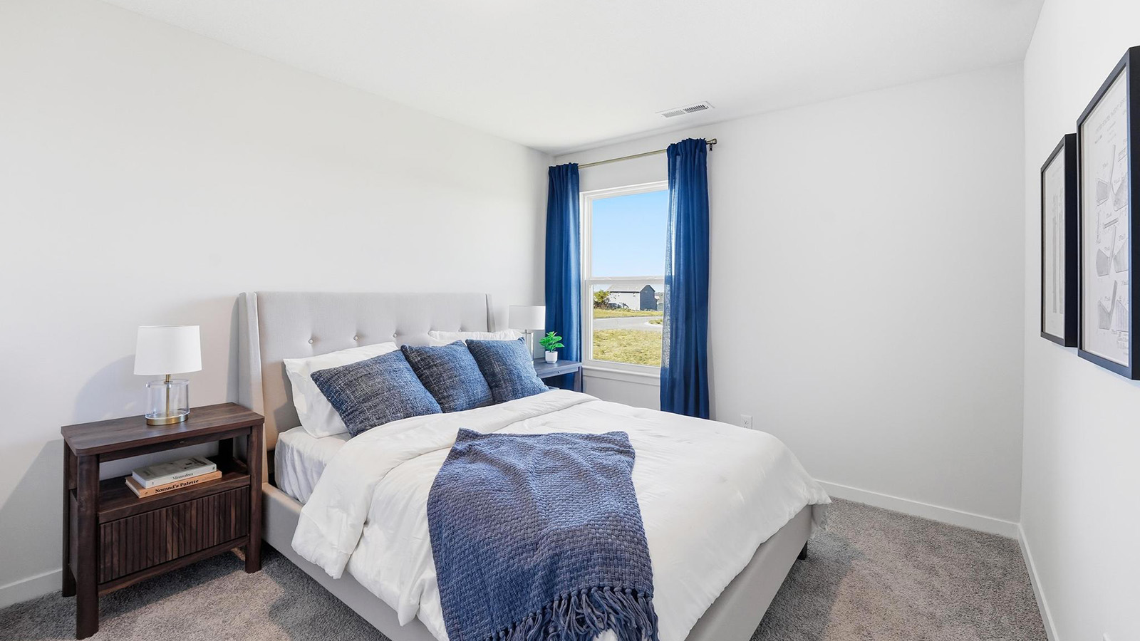Carpeted bedroom with large window.