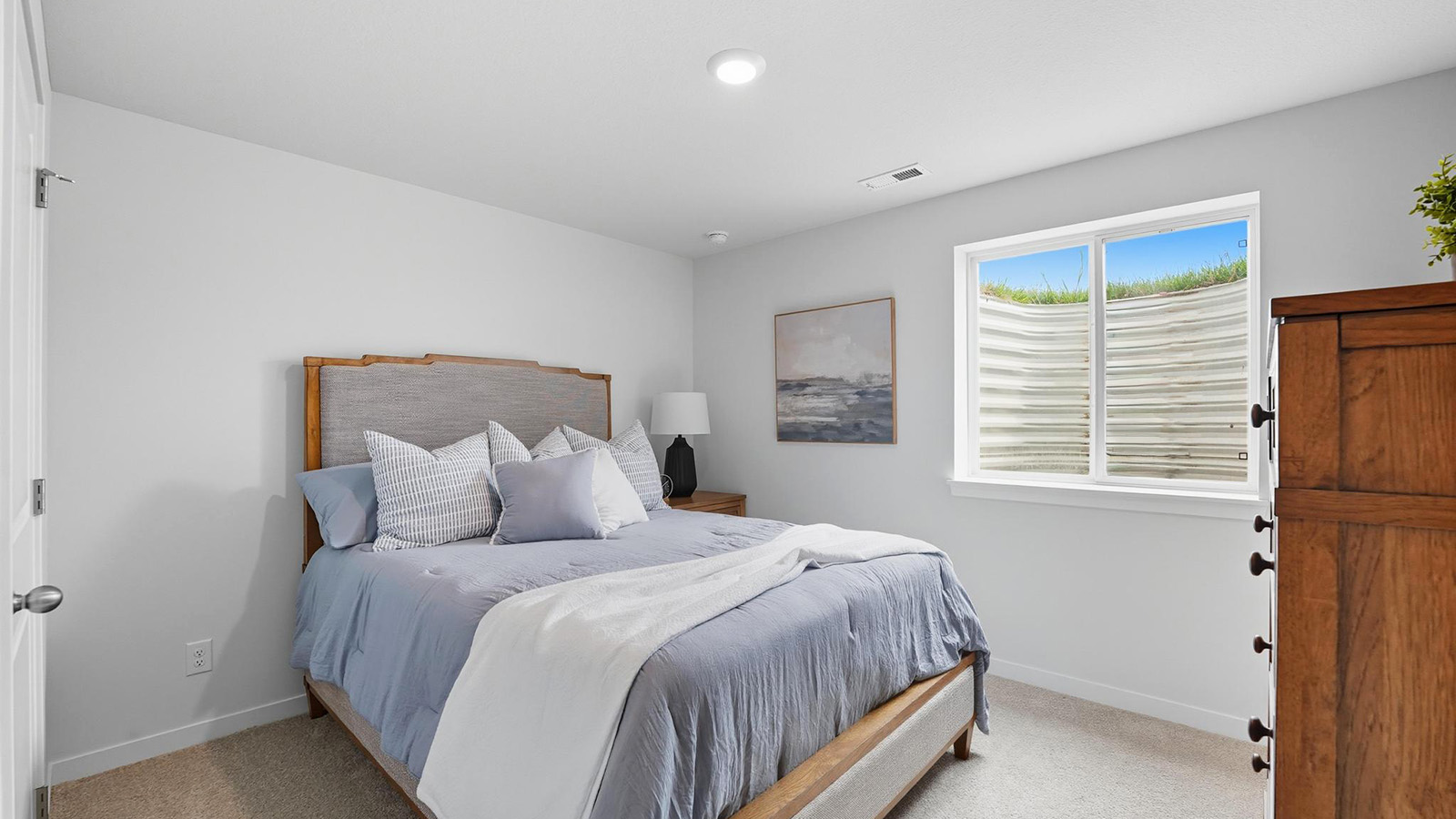Carpeted bedroom with large window