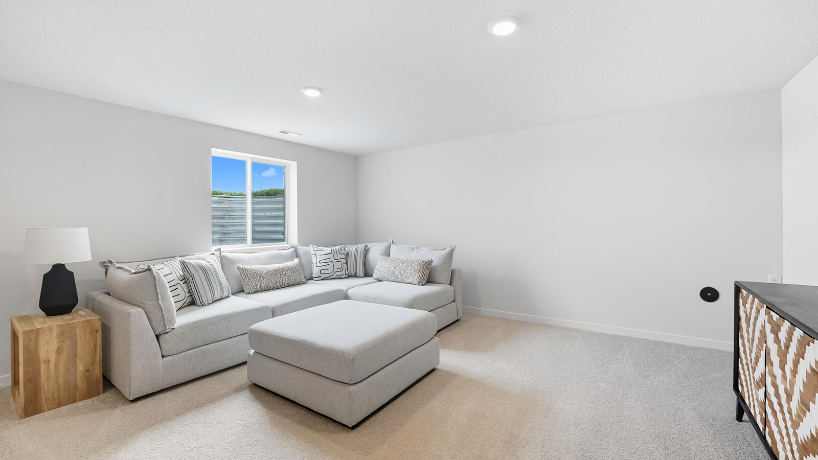 Carpeted basement landing