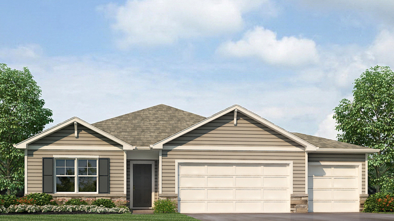 Chatham front exterior with siding and three car garage