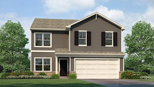 Bellamy front exterior rendering with siding, stone, and two car garage, new homes in Kansas City, MO