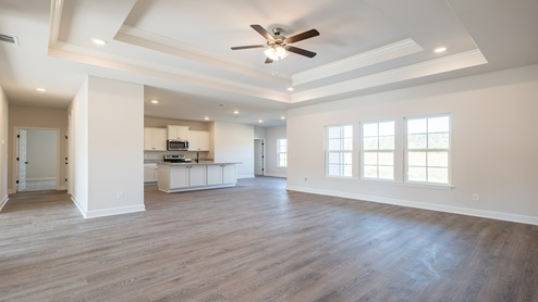 Open living space with trey ceilings
