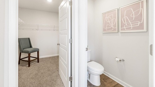 Primary bathroom with walk in closet and private toilet