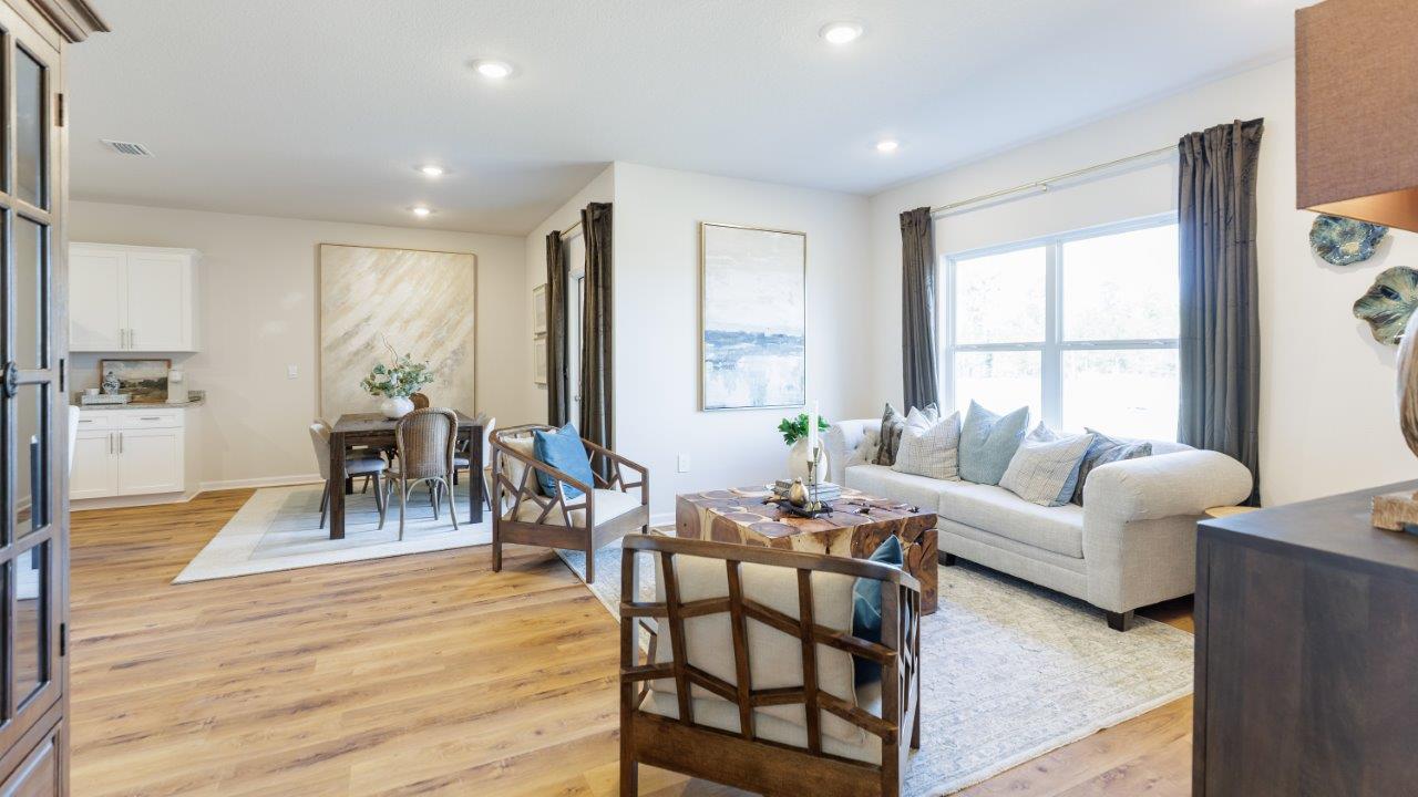 The one-level Beau plan is a spacious, 4-bedroom, 2 bath design in 1,799 square feet with 9-foot ceilings