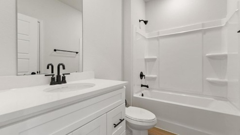 guest bathroom with single vanity and shower/tub combination