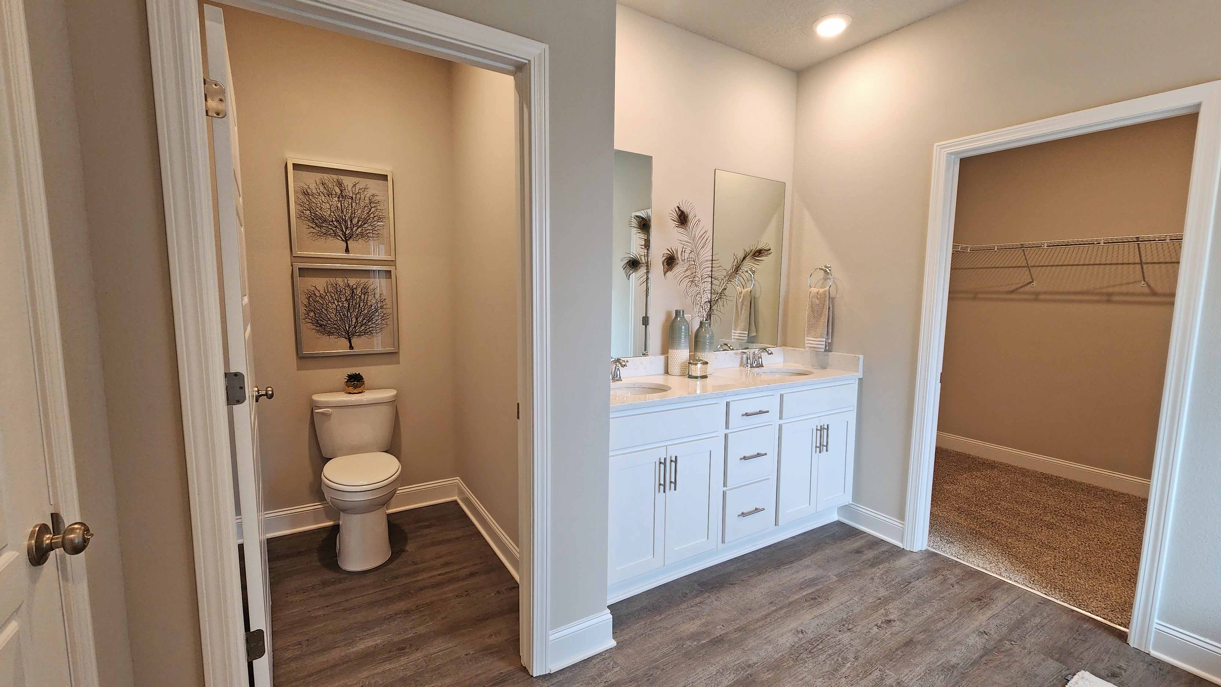 dual vanity with walk in closet and commode