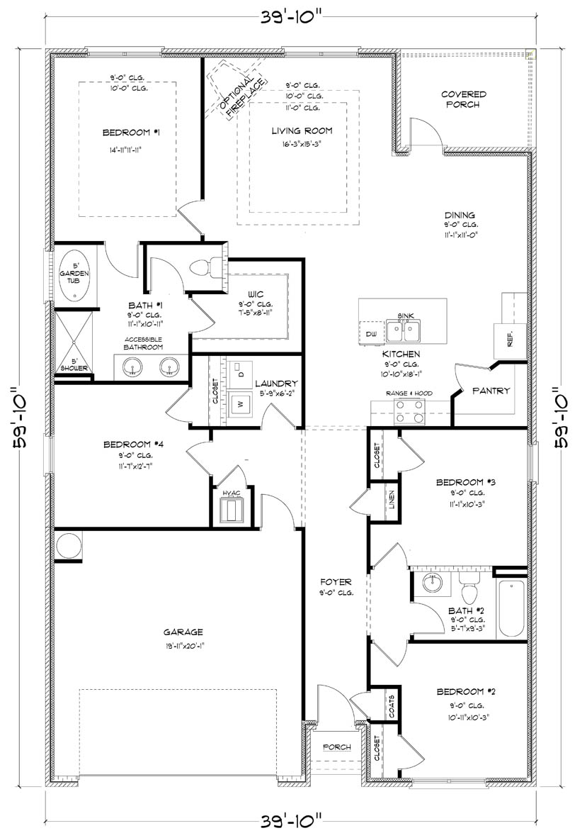 Rhett plan single story home with two car garage floorplan rendering