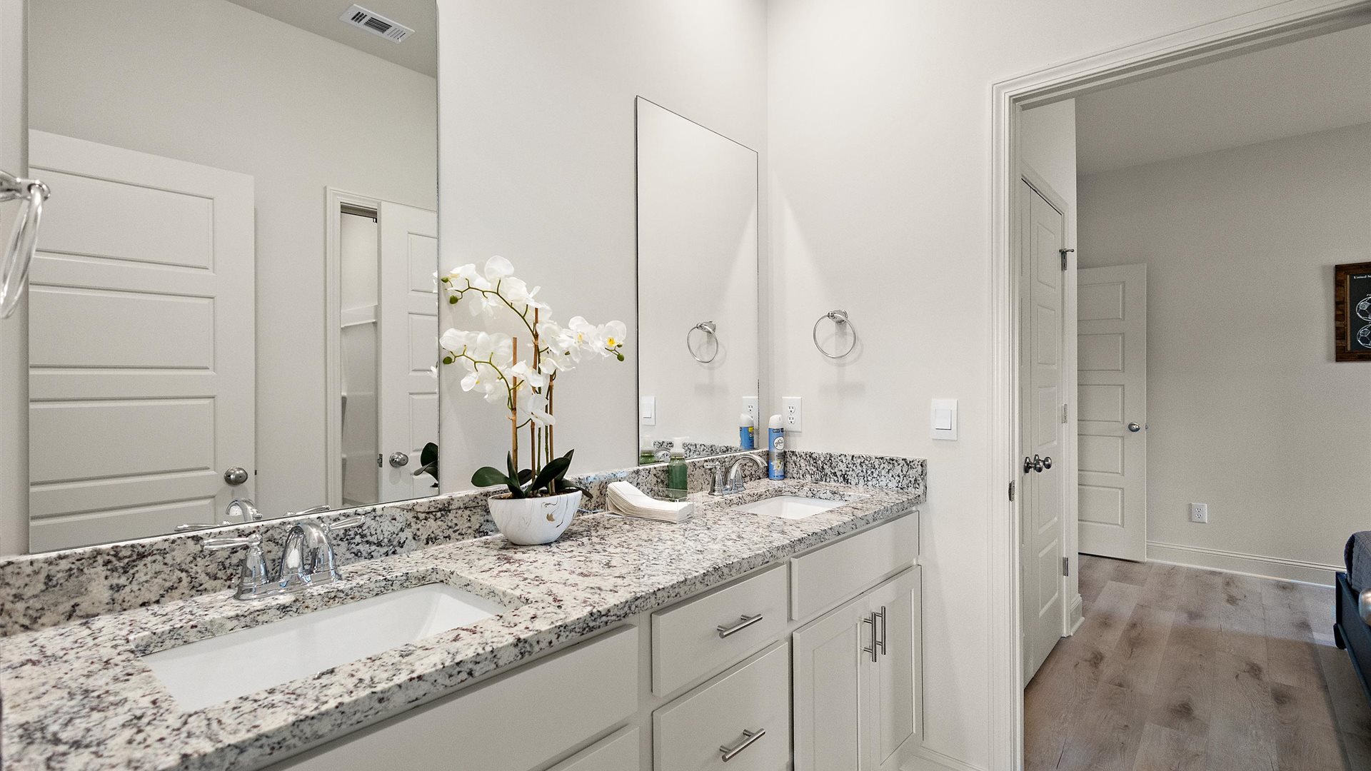 Family full bathroom 2, cabinets, vanity, mirror, tub-shower combo in your stylishly designed D.R. Horton new home