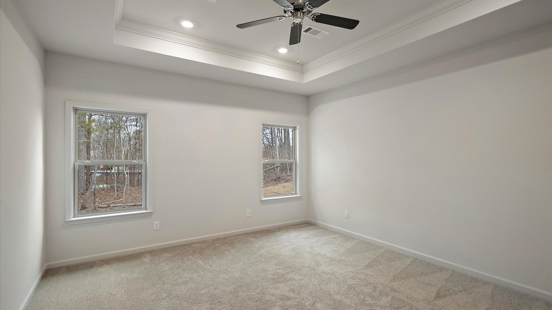 Primary bedroom with carpeted floors, large windows, and trey ceilings.