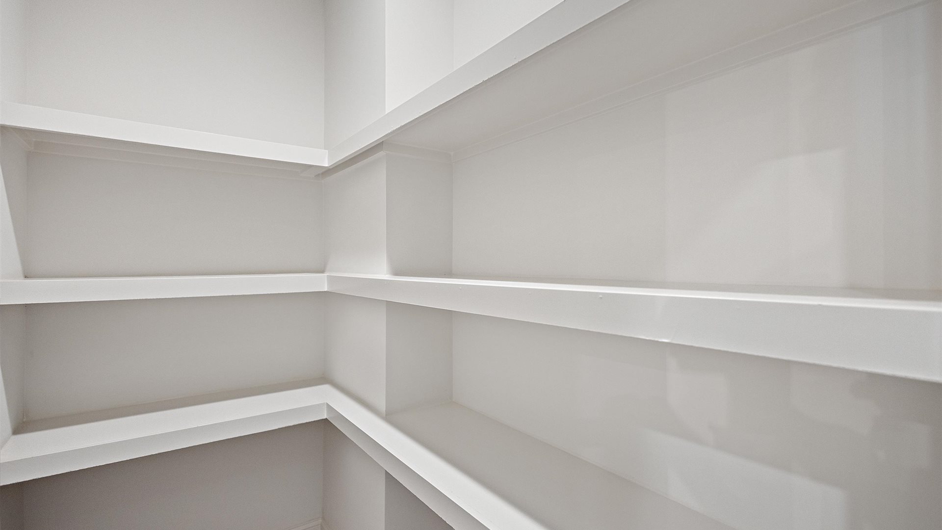 spacious walk in pantry with built in shelves