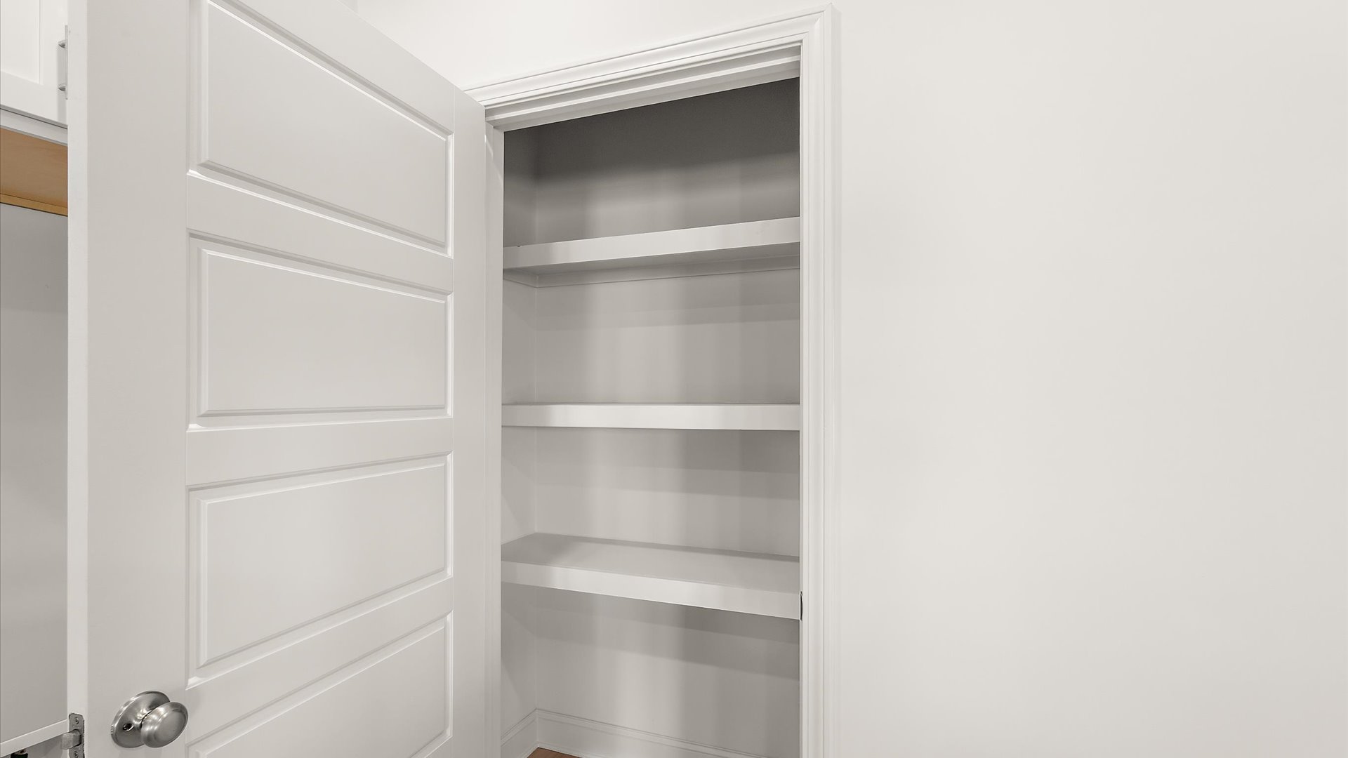 pantry with wooden shelving in kitchen