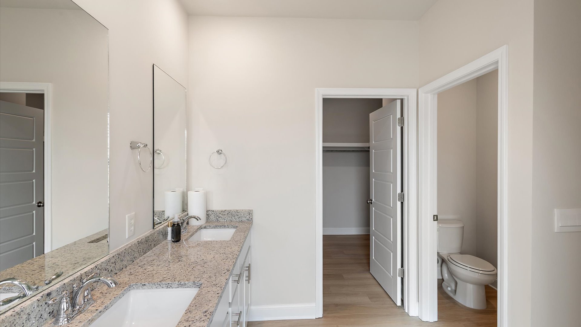 double vanity leads to spacious walk in closet and closed off commode area