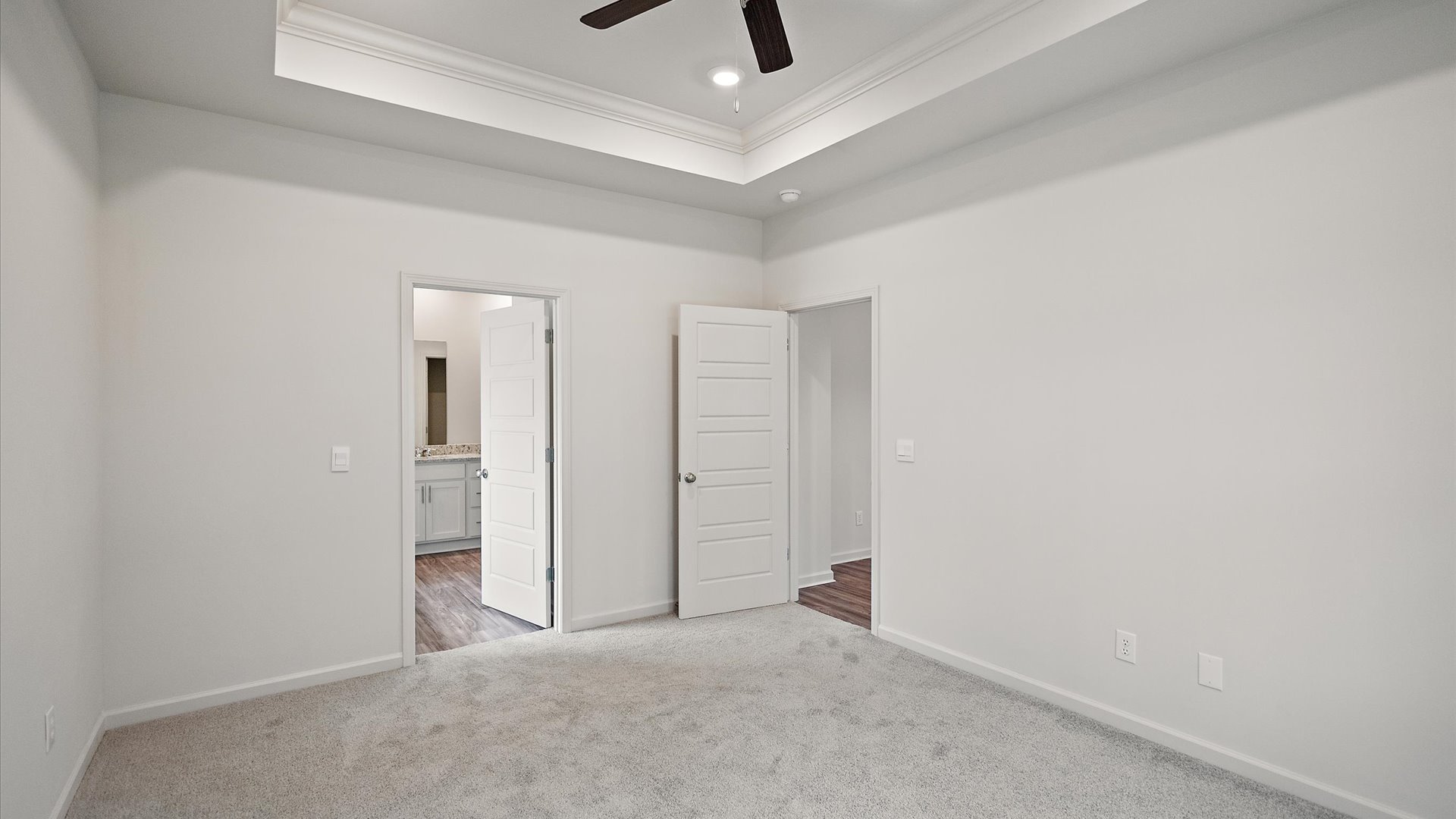 Primary bedroom with carpeted floors, large windows, and trey ceilings.