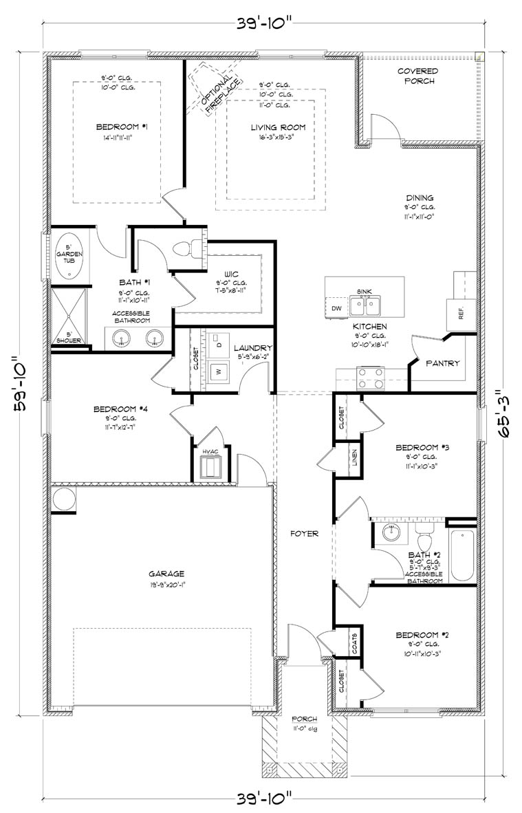 Rhett plan single story home with two car garage floorplan rendering