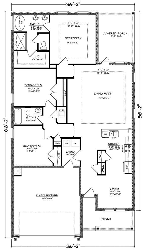 Emily single story plan with right front entry garage and driveway.