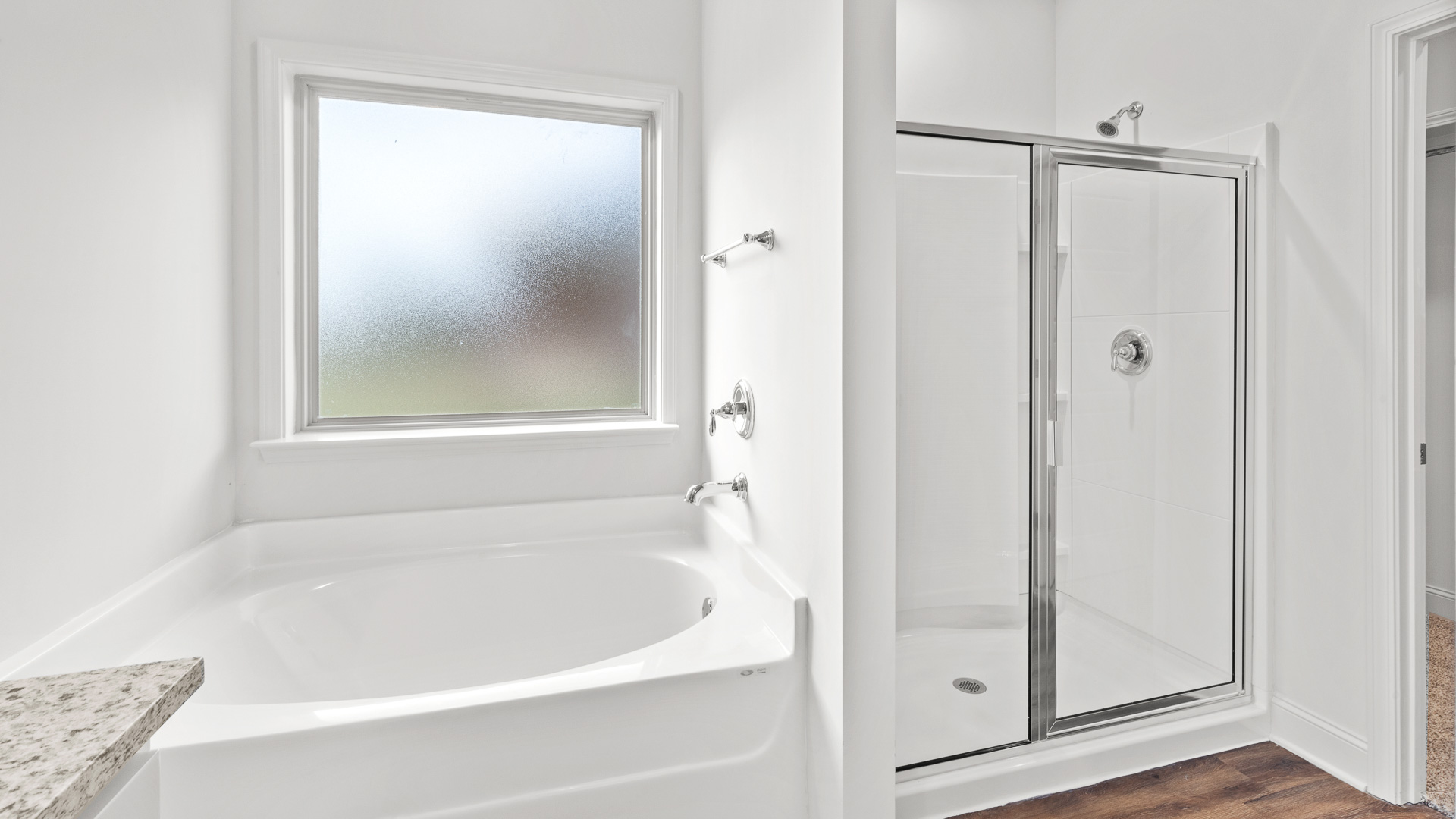 Primary bathroom garden tub and walk-in shower.