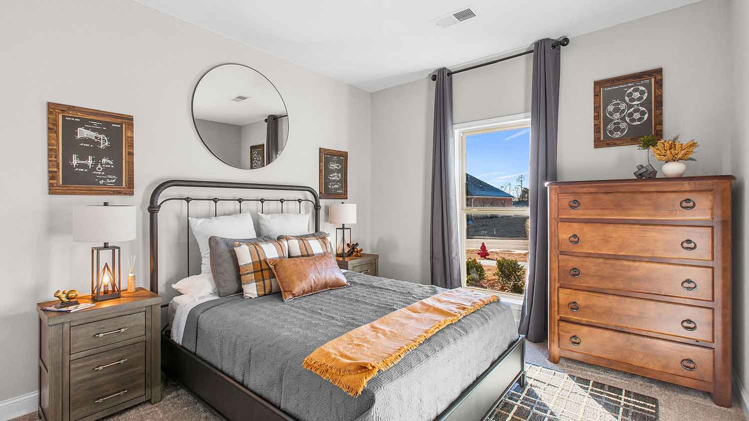 bedroom featuring rustic brown decor featuring a window