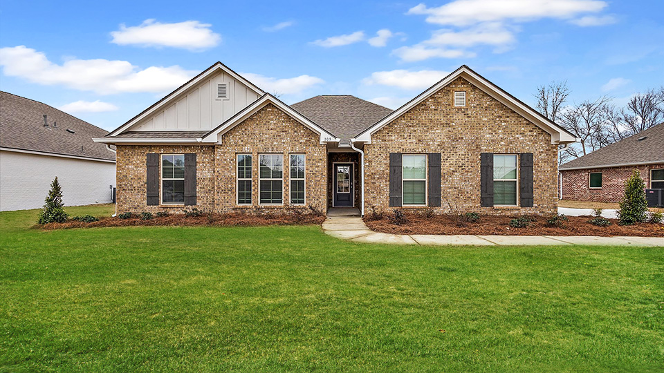 Jasmine single story plan with side entry garage and driveway.