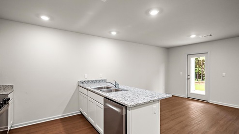 Light gray kitchen island.