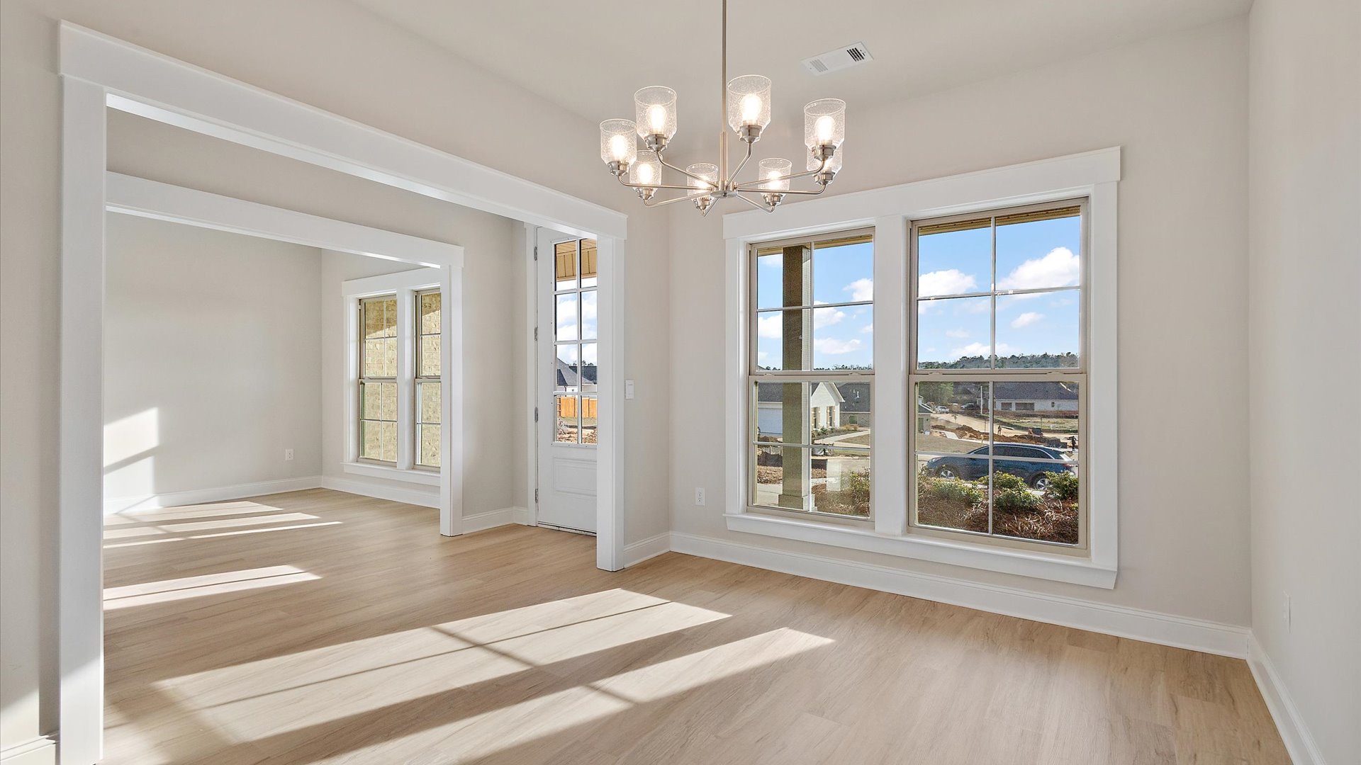 New home living room with modern design details and functional connectivity for daily flexibility