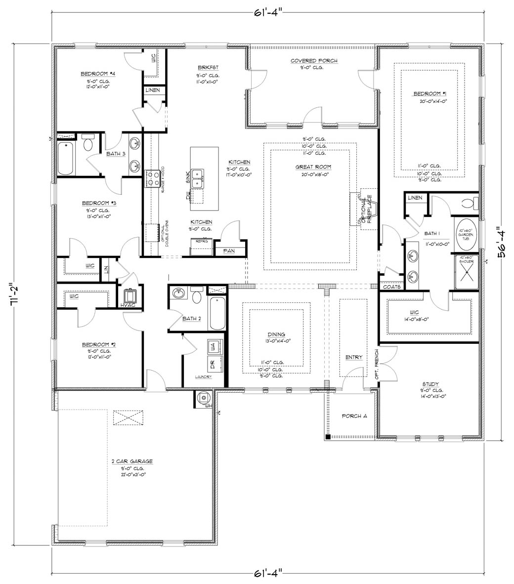 Mila single-story floorplan with two-car garage.