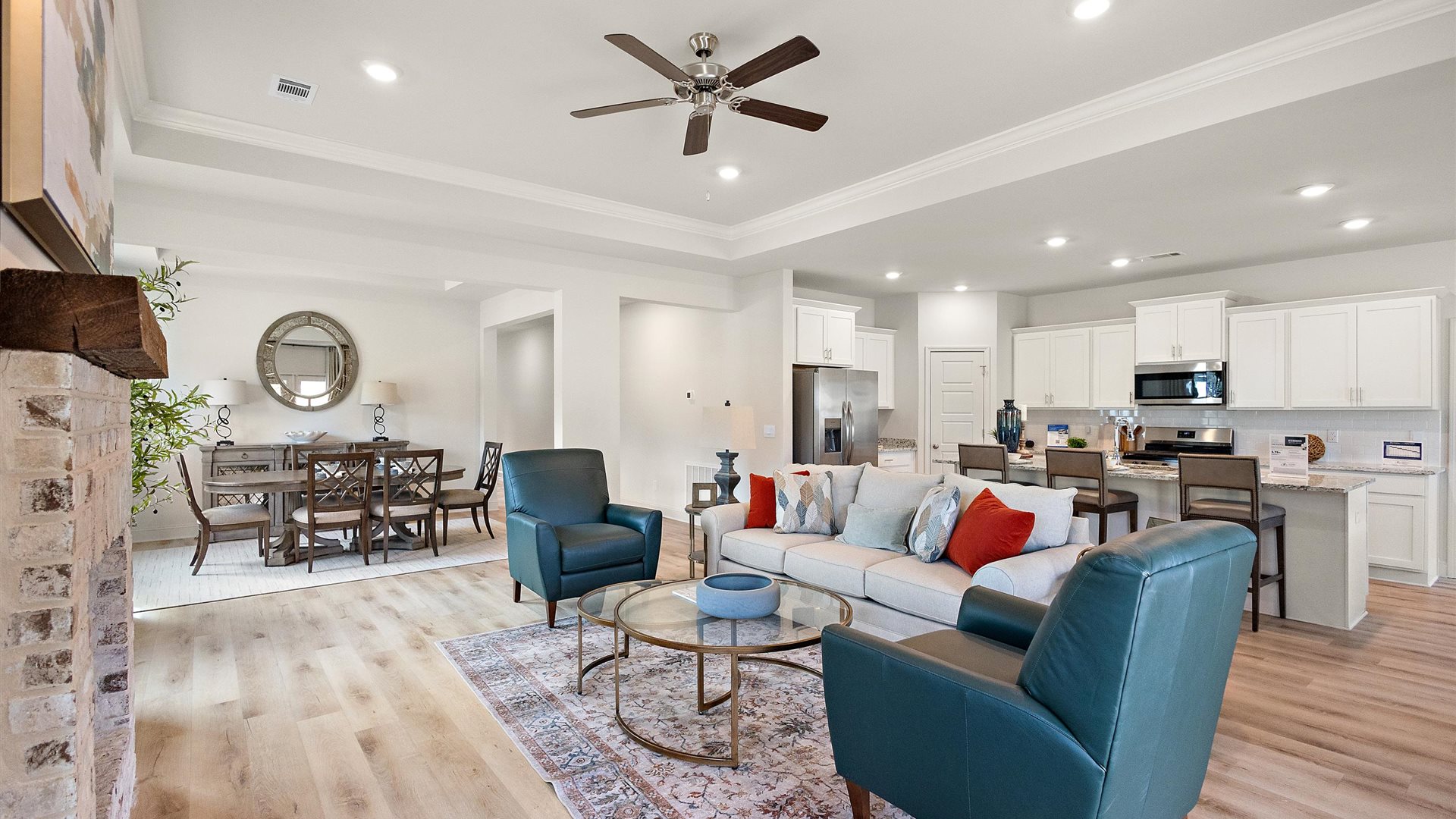 Living room design with access to kitchen, dining, outdoor patio, and nearby bedrooms Horseshoe Bend