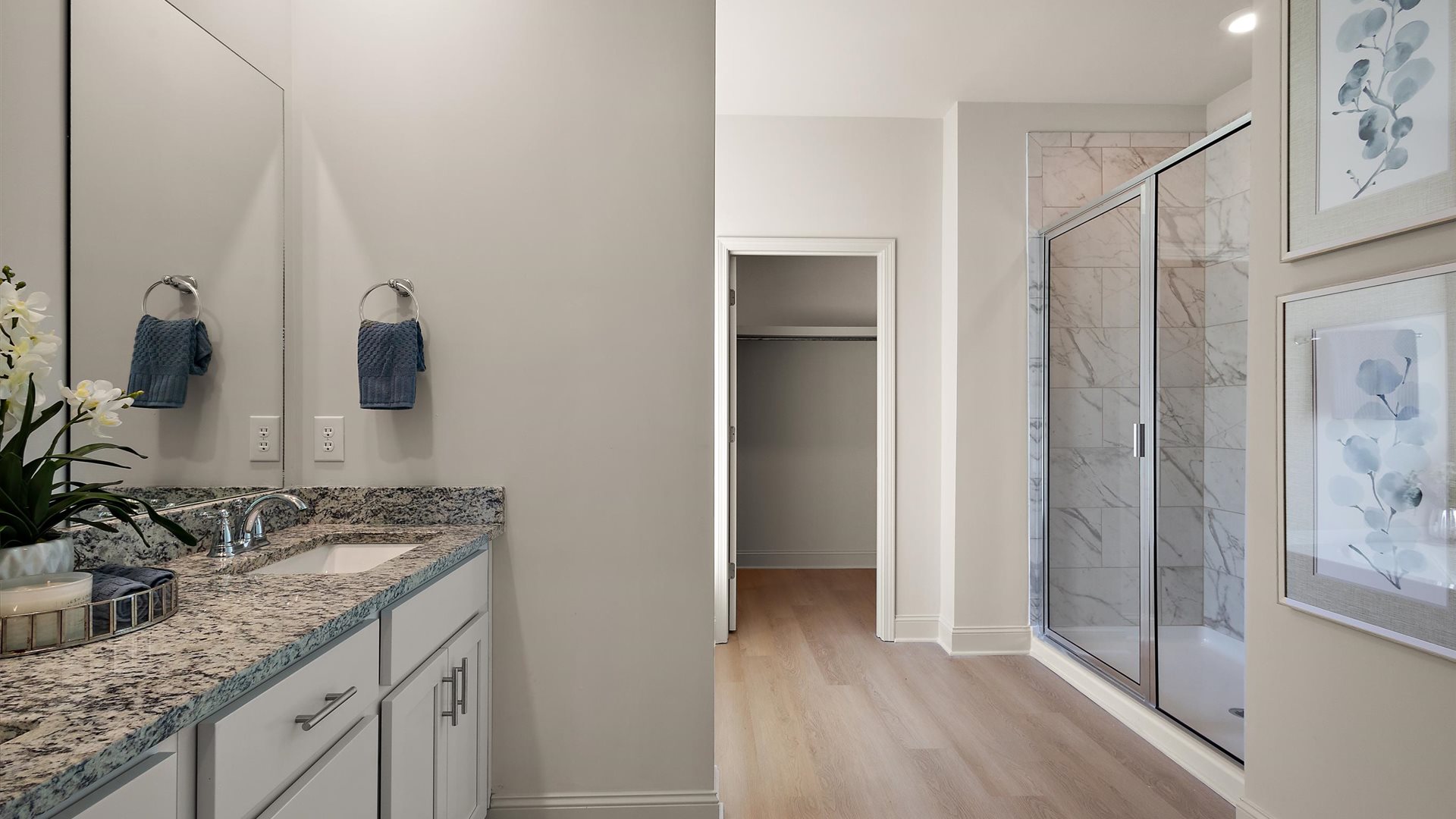 Primary bathroom, double vanity, walk-in shower, and entrance to walk-in closet.