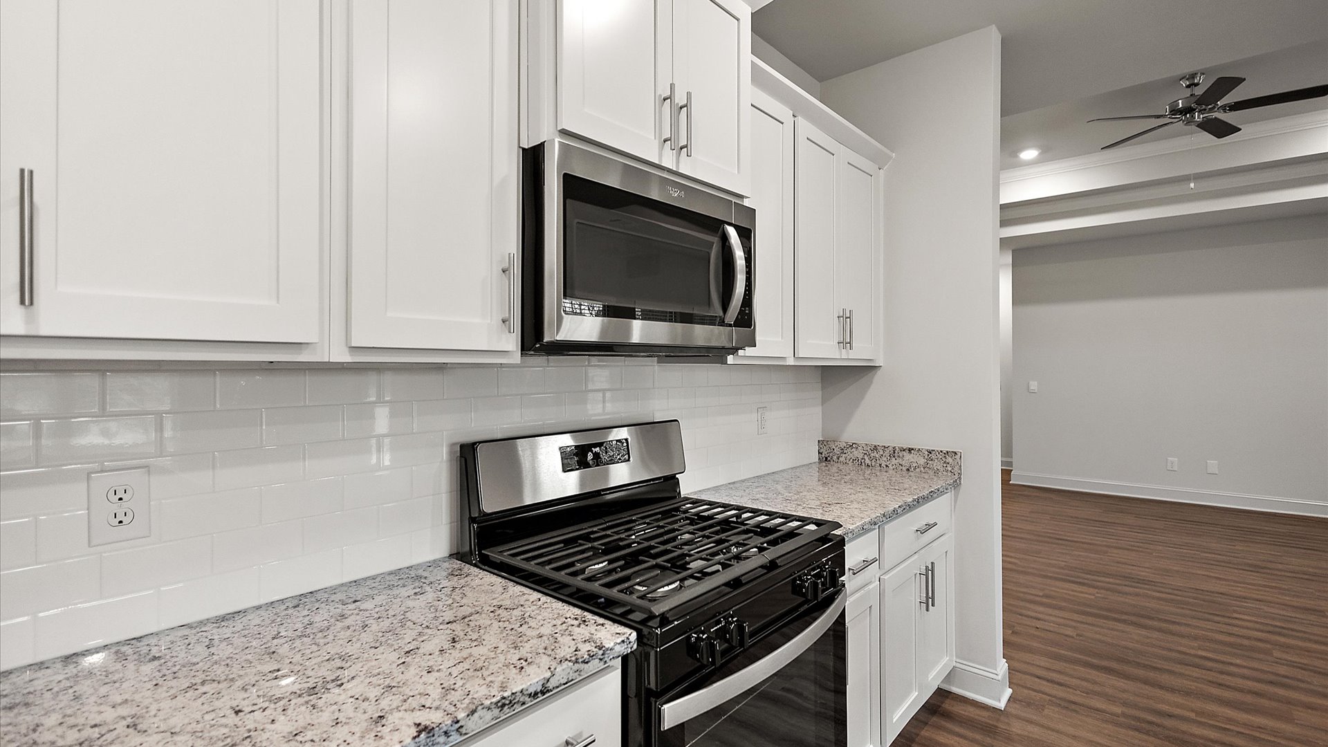 The single-story home plan has a spacious kitchen and island with granite countertops and appliances.