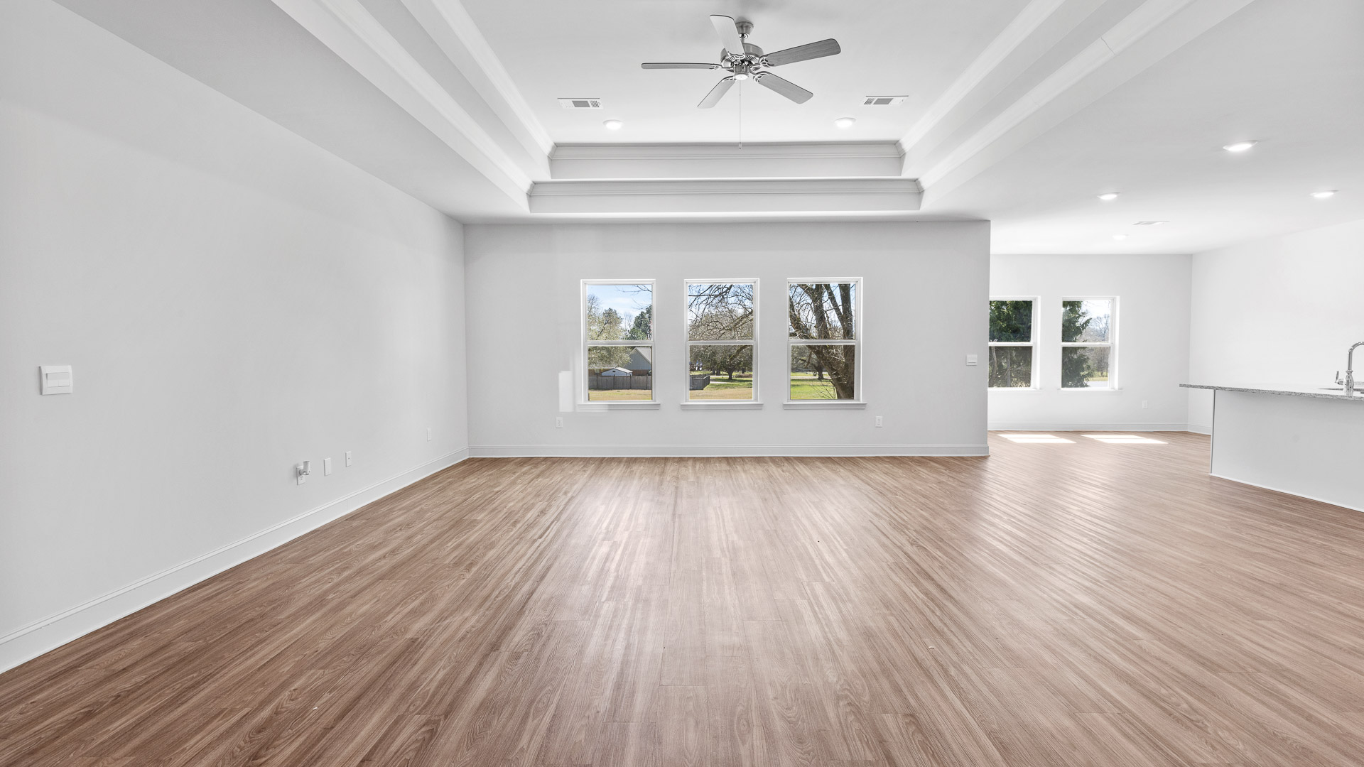 living space with hardwood floors, tray ceilings, windows and ceiling fan