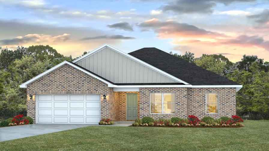 Front exterior single story home with tan brick, white paneling, and black shutters on the windows with front entry and covered porch. The two-car garage and driveway are on the side of the house.